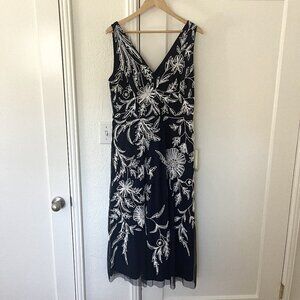 NWT Adrianna Papell Floral Beaded Ankle Length Gown With V Neck - Size 14